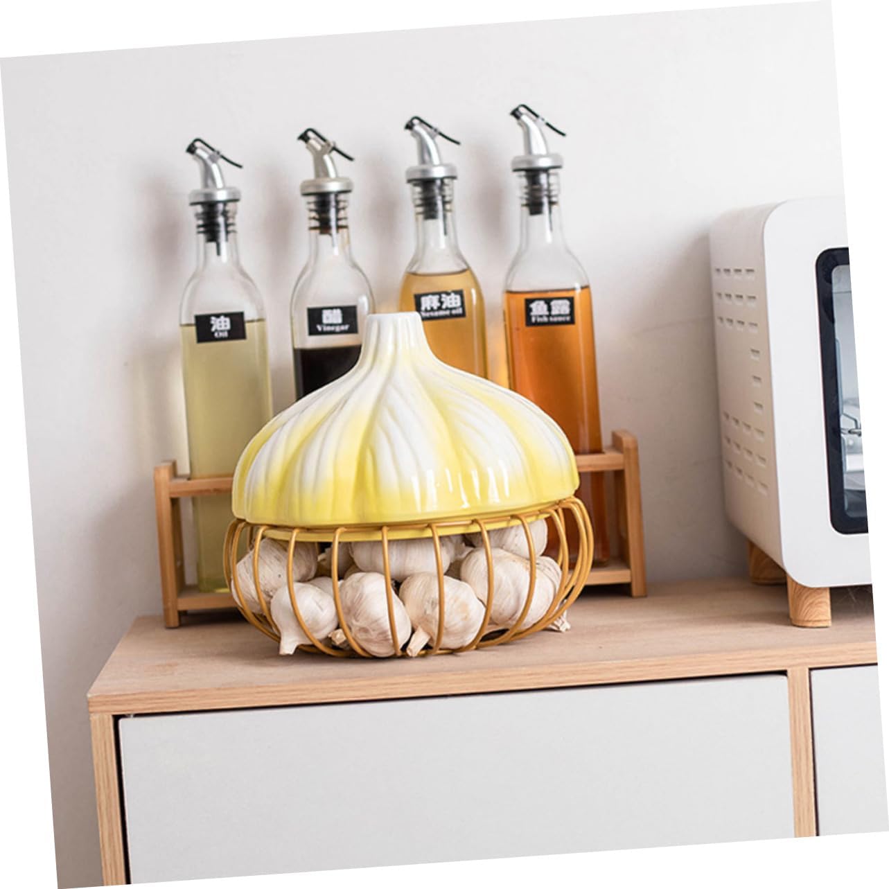 OUNONA Ceramic Garlic Holder Multi-Function Design Convenient Egg Basket Iron Storage Basket for Kitchen Organization