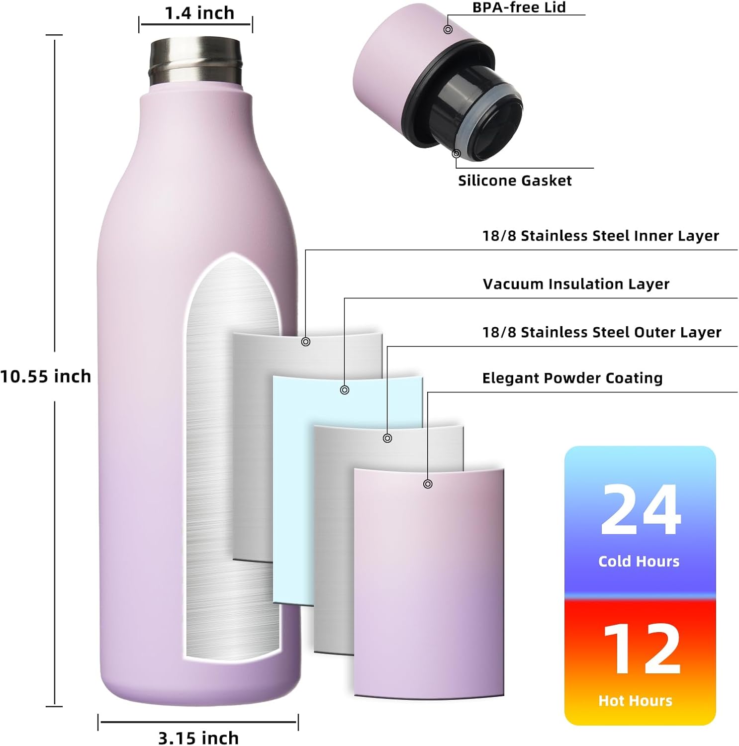 BJPKPK Insulated Water Bottles, 25 oz Stainless Steel Metal Water Bottle with Strap, BPA Free Leak Proof Jugs, Mugs, Flasks, Reusable Thermal Flasks for Sports & Travel, Dreamy Purple - Image 3