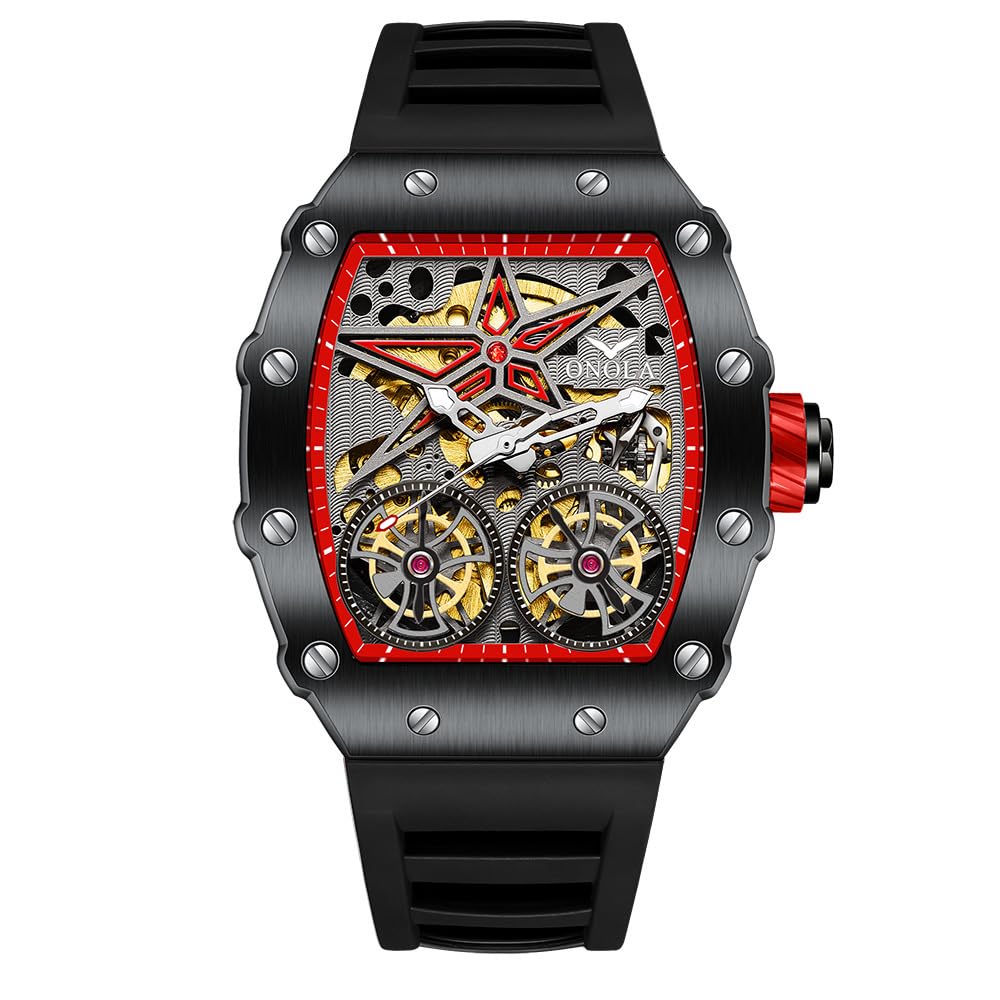 Fashion Tonneau Automatic Watch for Men Vintage Double Tourbillon Hollow Out Watches Wate…