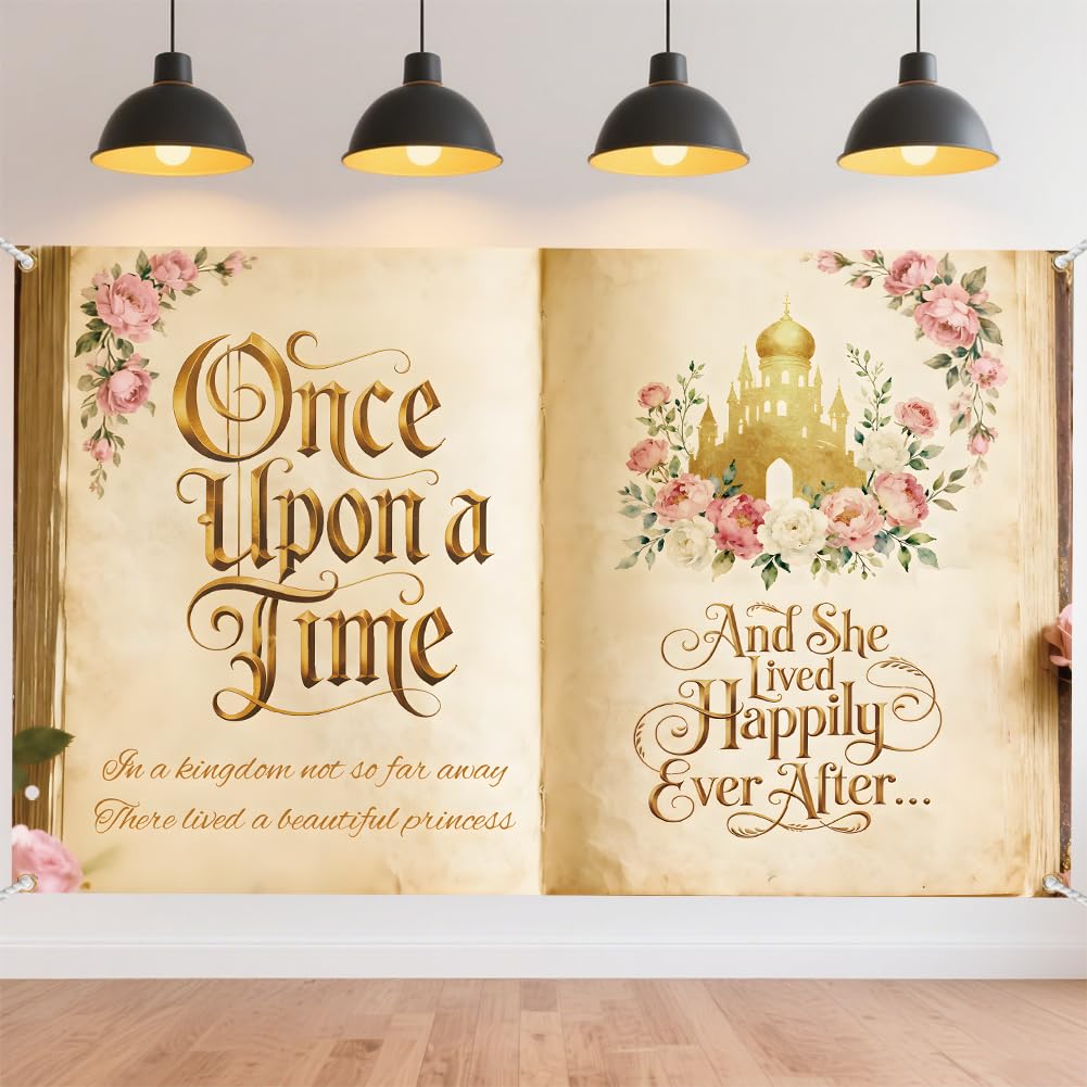 CRAFTYMELODY Once Upon a Time Backdrop 72×44 Inch Pink Floral Gold Castle Banner Backdrop Fairytail Wall Banner Photo Booth with Grommets 3.2 Yard String for Birthday Party Decoration Supplies — image 1