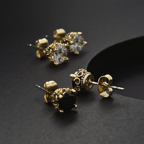 Miniatura 8 de Aretes negros y dorados para hombres y mujeres, con corona retro, hipoalergénicos, de acero inoxidable, con circonita cúbica