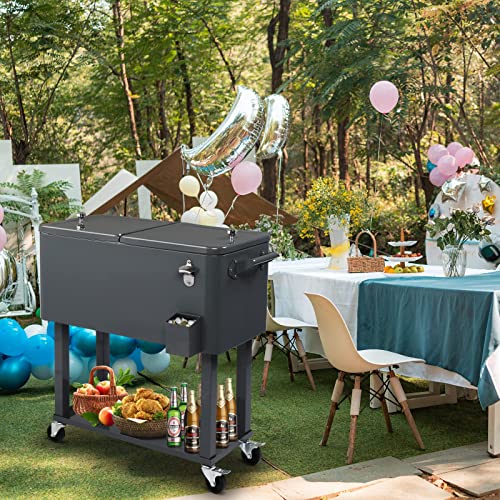 Outvita 80 Quart Rolling Ice Chest, Portable Bar Drink Cooler With Catch Basin, Bottom Storage Tray And Bottle Opener For Patio Party Bbq Beach Activities (Dark Gray) #TOP6