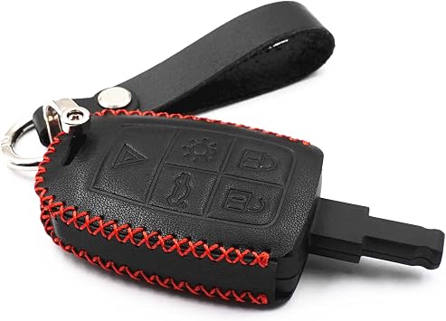 Black Leather for Volvo XC90 C70 S60 D5 V50 S40 C30 5 Buttons Smart Remote Key Fob Case Cover Chain