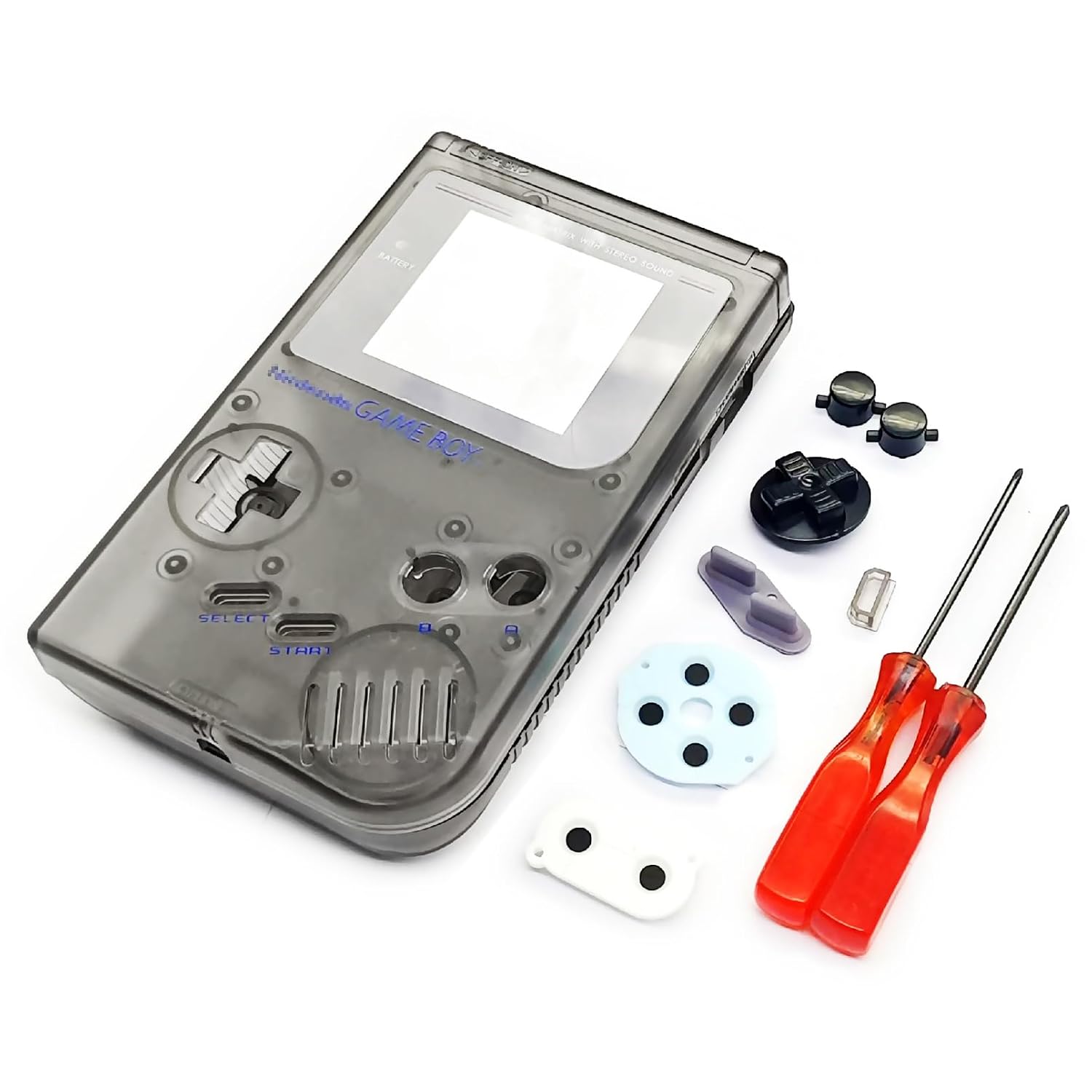 New for GB Extra Housing Case Cover Shells Full Set Clear Black Replacement, for GameBoy DMG-01 Original Fat Handheld Console, DIY Outer Enclosure + Screen Lens, Buttons, Rubber Pads, Tools
