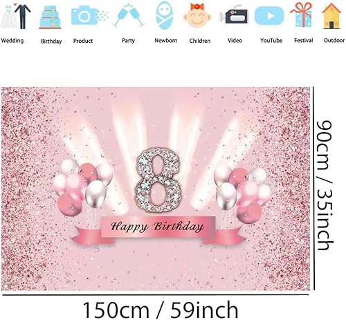Miniatura 2 de Decoraciones de feliz cumpleaños número 8 para niñas, pancarta de fondo, decoración de fiesta, cartel de tela, fondo de foto rosa para suministros