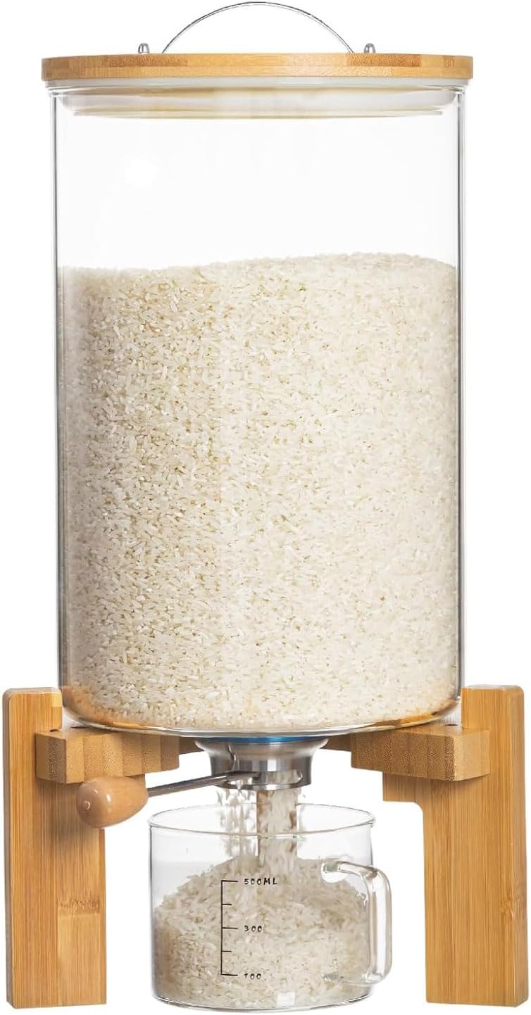(Incomplete)Rice Dispenser, Rice Storage Container, Flour and Cereal Container for Kitchen Organization and Pantry Store, Glass Cereal dispenser with Airtight Lid and Wooden Stand 8L