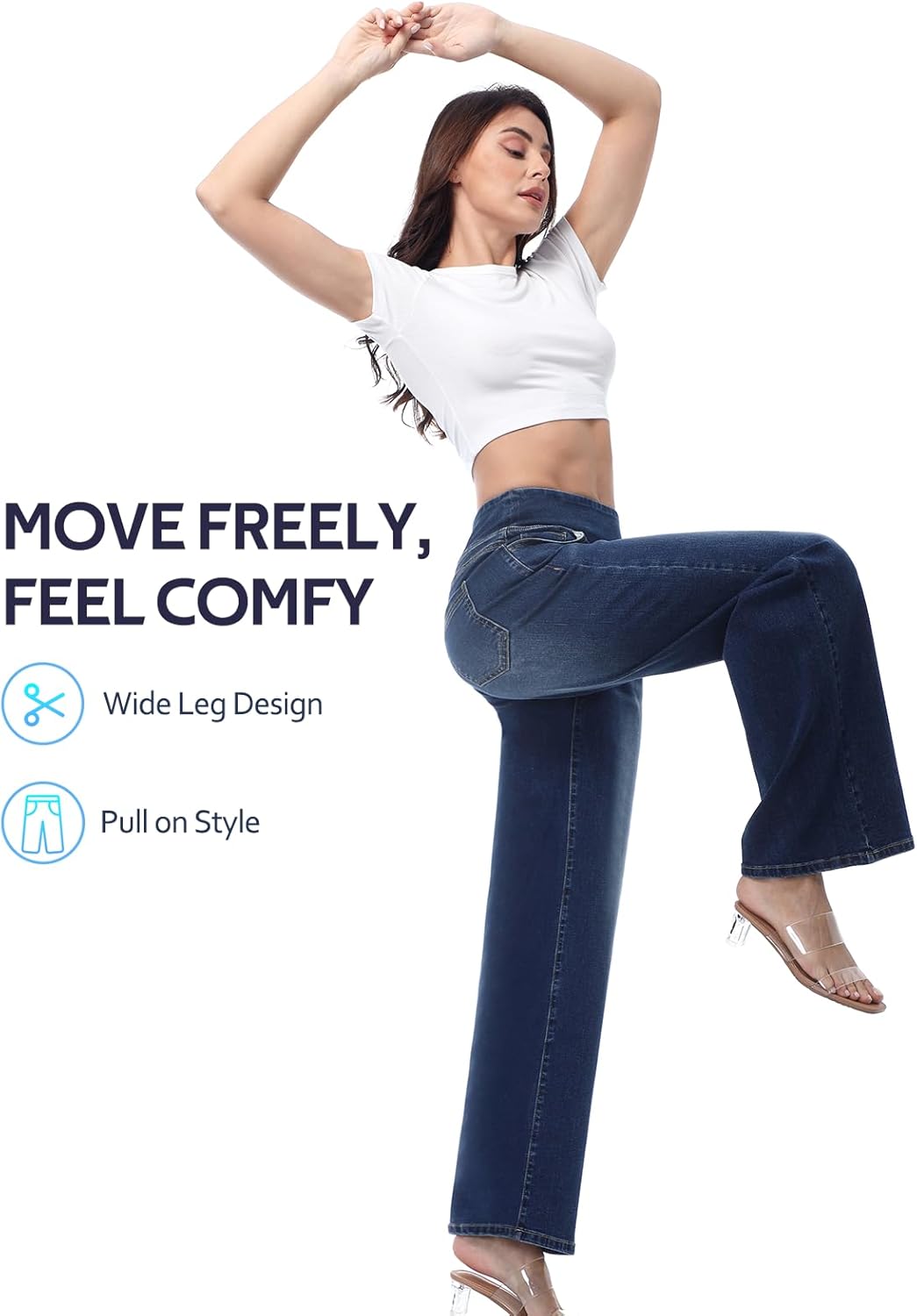 Pull on Wide Leg Jeans for Women, High Waisted Stretchy Baggy Trendy Tummy Control Straight Leg Jeans Denim Pants - Image 3