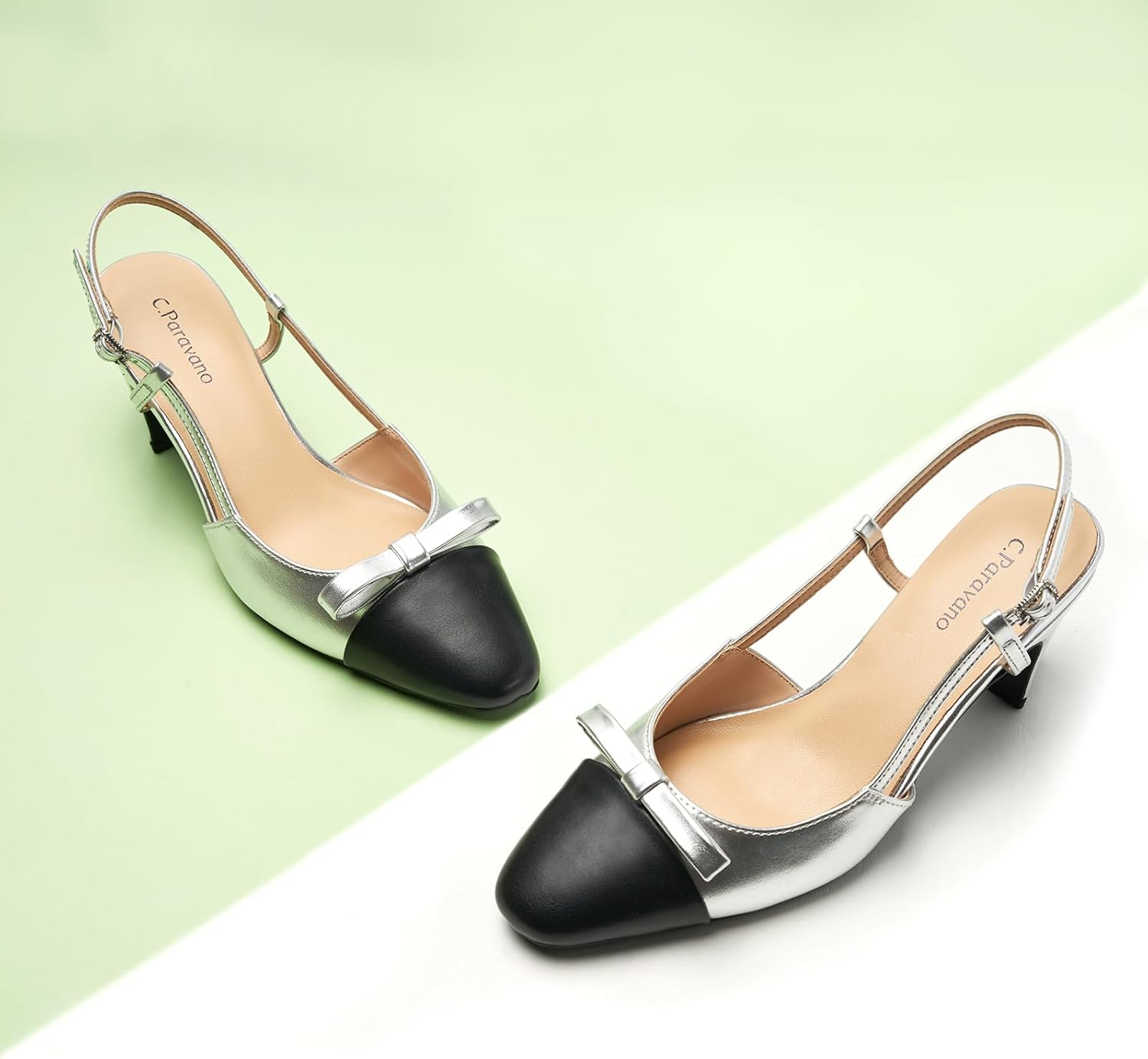 C.Paravano Women's Slingback Low Chunky Heels Silver Round Toe Block Heel Pumps Splicing Bowknot Slip On Fashion Party Dress Shoes,Size12 - Image 2