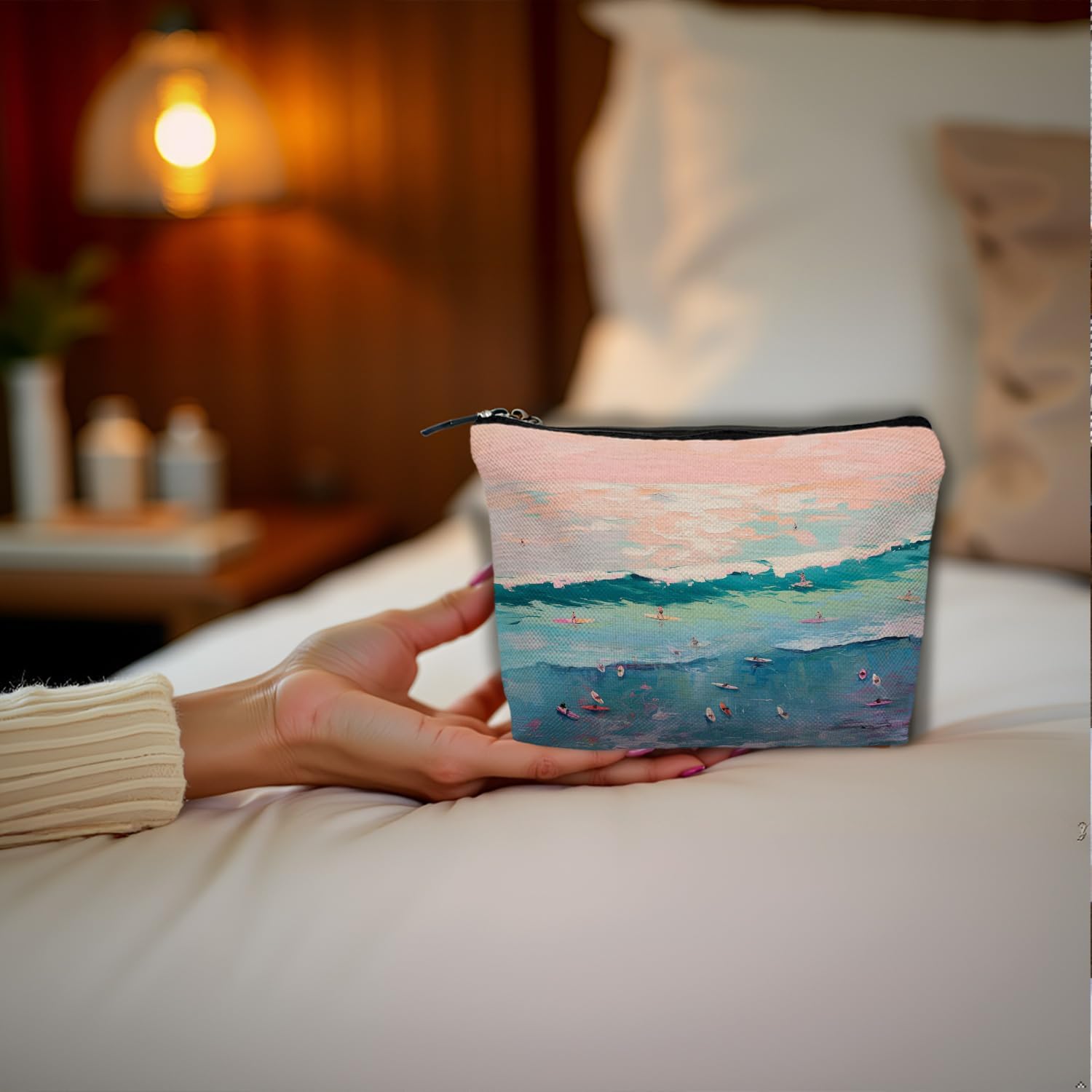 Surf Coastal Beach Makeup Cosmetic Bag for Women, Beach Lover Surfer Gifts, Pink and Blue Summer Beachy Surfing Ocean Nautical Portable Travel Toiletry Bag Zipper Makeup Pouch image 4