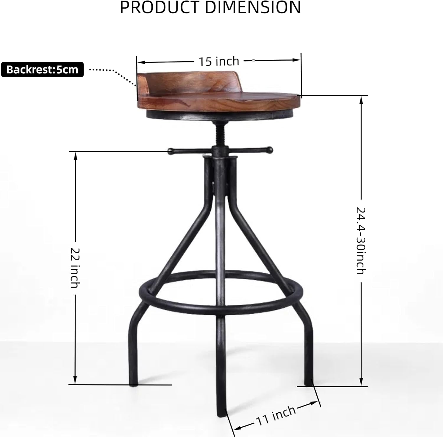 Set of 2 Industrial Bar Stools with Mini Backrest Swivel Wooden Seat Counter Height Adjustable 24.4-30.3inch Kitchen Dining Chair