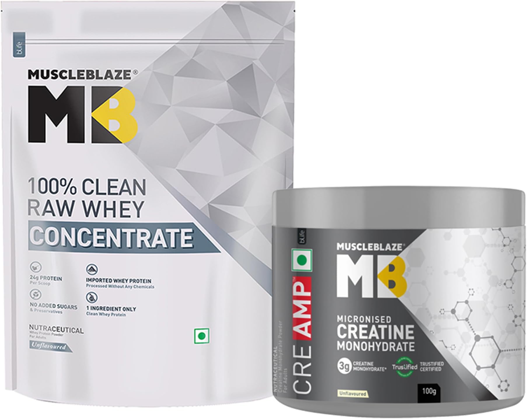 MuscleBlaze Raw Whey 80% with Digestive Enzymes, Unflavoured, 1 kg / 2.2 lb & Creatine Monohydrate CreAMP™ with CreAbsorb™, Unflavoured, 100 g / 0.22 lb (Combo Pack)
