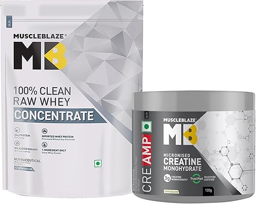 MuscleBlaze 100% Clean Raw Whey Protein Concentrate, Unflavoured (1kg / 2.2lbs) &amp; Micronised Creatine Monohydrate CreAMP, 