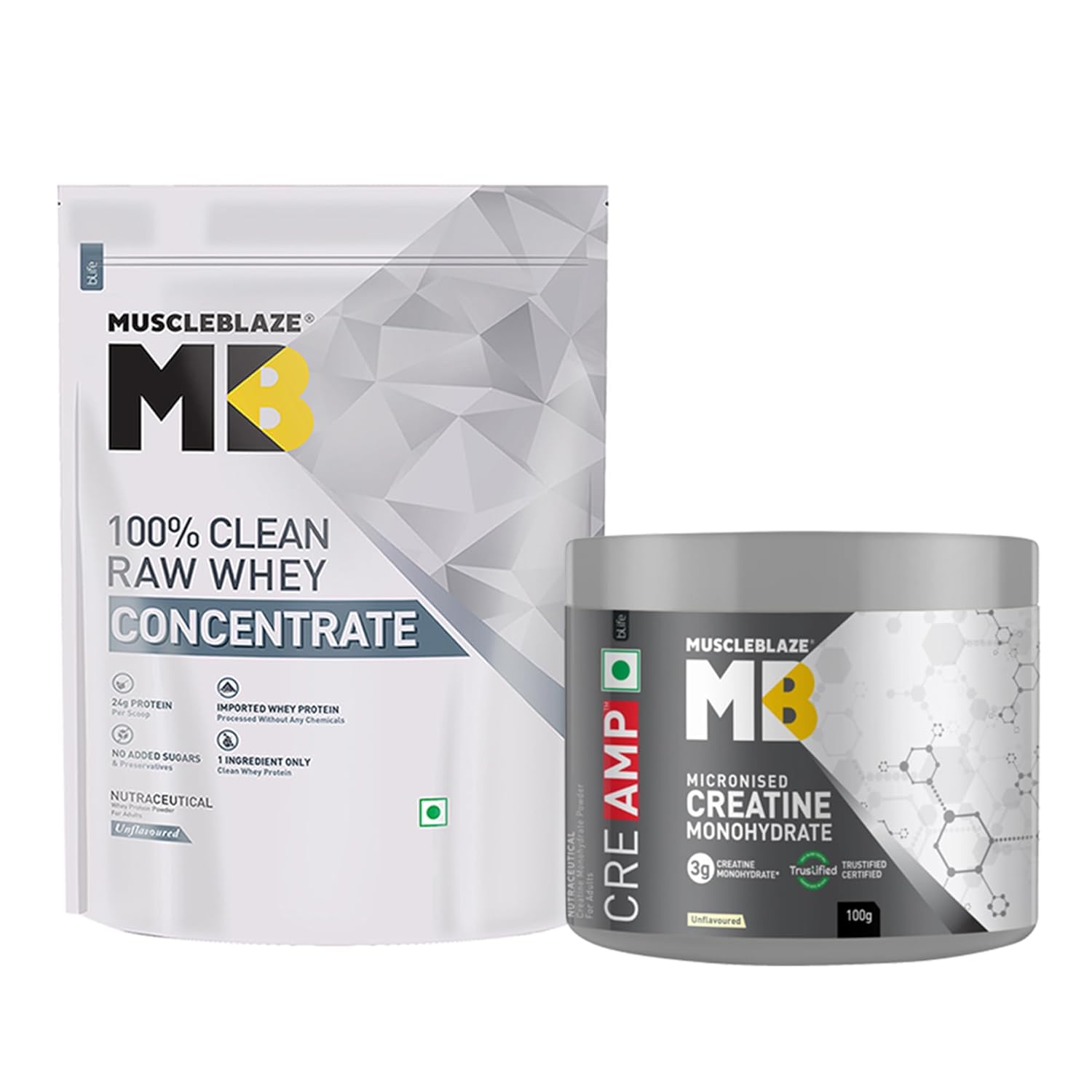 MuscleBlaze 100% Clean Raw Whey Protein Concentrate, Unflavoured (1kg / 2.2lbs) & Micronised Creatine Monohydrate CreAMP, 