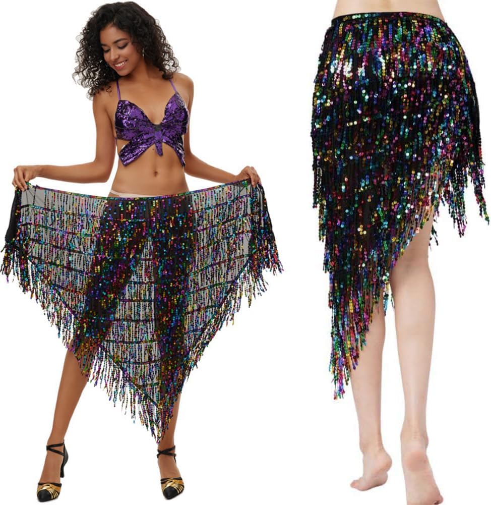 Triangle Sequins Belly Dance Skirt Belly Dance Long Tassel Hip Scarf Festival Outfits Women Dance Skirt with Sequin Tassel