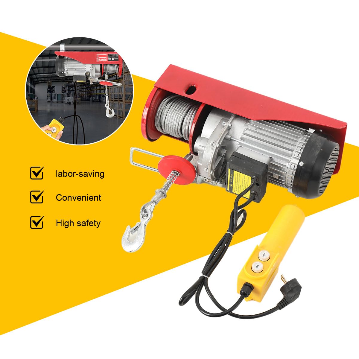 1300W Elektrische Seilwinde, 400kg bis 800kg 6m/12m Hubhöhe, 220V | mit Fernbedienung, Seilzug Motorwinde, 4m/min, Seilhebezug Kettenzug Motorwinde Flaschenzug