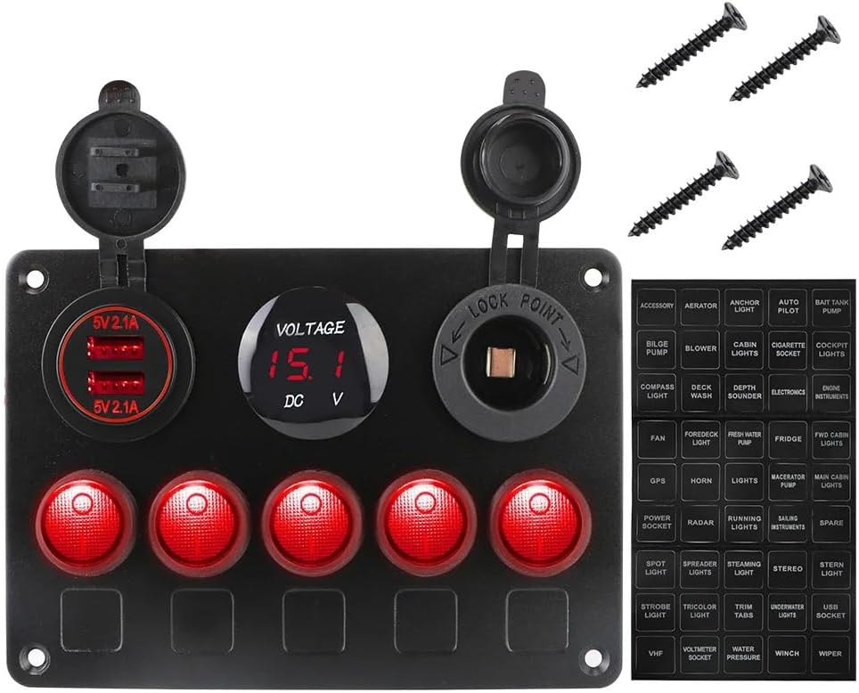 24V 12V Switch Panel 5 Buttons USB Charger Car Light Toggle Splitter Volt Test Truck Accessories for Boat Marine Caravan Trailer(Blue)