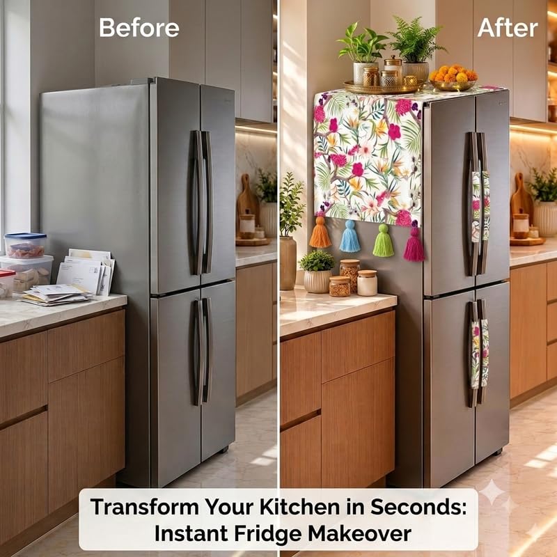 Image of WWW.THROWPILLOW.IN Four Door Fridge Cover 400+L |450 GSM Durable Fridge Top Cover with Tassels |Fits Godrej, LG, Haier, Samsung Fridge Models | Refrigerator Cover Mat in Neutral Floral Print |