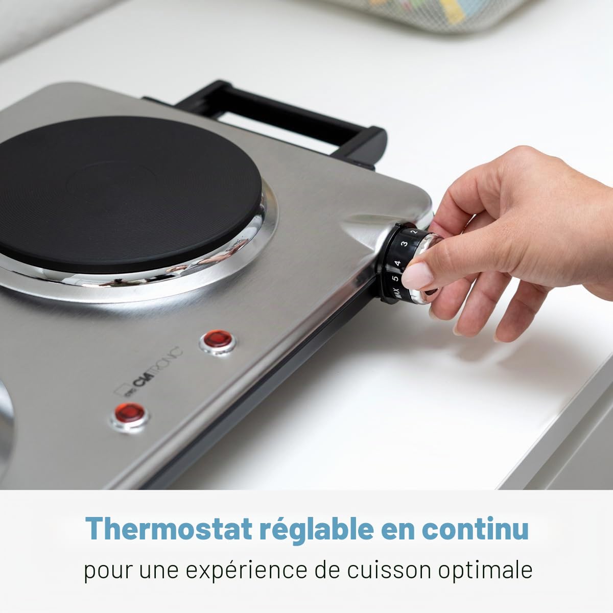 Clatronic Double plaque de cuisson DKP 3668 E, pour le camping, la cuisine ou le bureau, deux plaques de cuisson, thermostats réglables en continu, poignées Cool Touch, inox