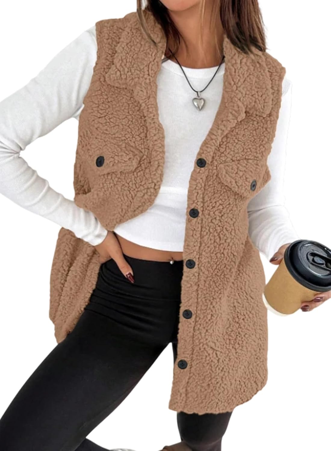 EVALESS Womens Warm Sherpa Fleece Sleeveless Button Down Long Vest Sherpa Jackets Coat Outerwear
