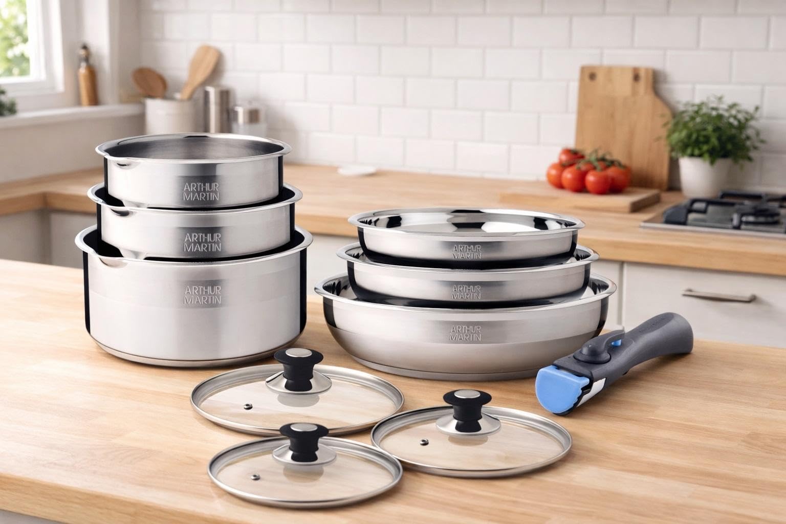 ARTHUR MARTIN - Batterie de Cuisine 10 Pièces en Inox, Casseroles Et Poêles Antiadhérentes, Couvercles, Ustensiles Inclus, Compatible Tous Feux, Poignée Amovible, Finition Satinée