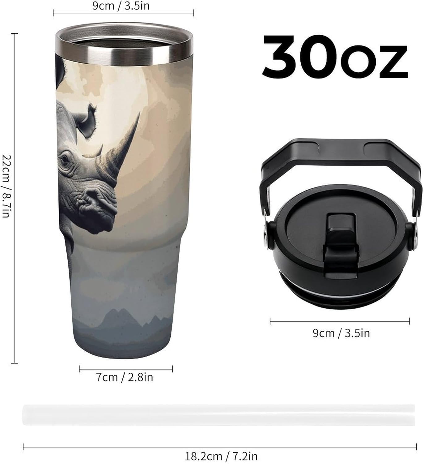 30oz Insulated Tumblers with Top Handle, Stainless Steel Rhino Car Cup with Straw for Gift, Leak-Proof Double Wall Vacuum Travel Mug, Personalized Water Bottles Black