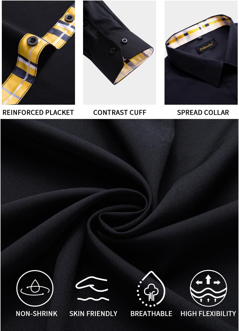DiBanGu Mens Stretch Dress Shirt Long Sleeve Button Down Shirt Cotton Business Casual Shirts with Inner Contrast Wedding Prom