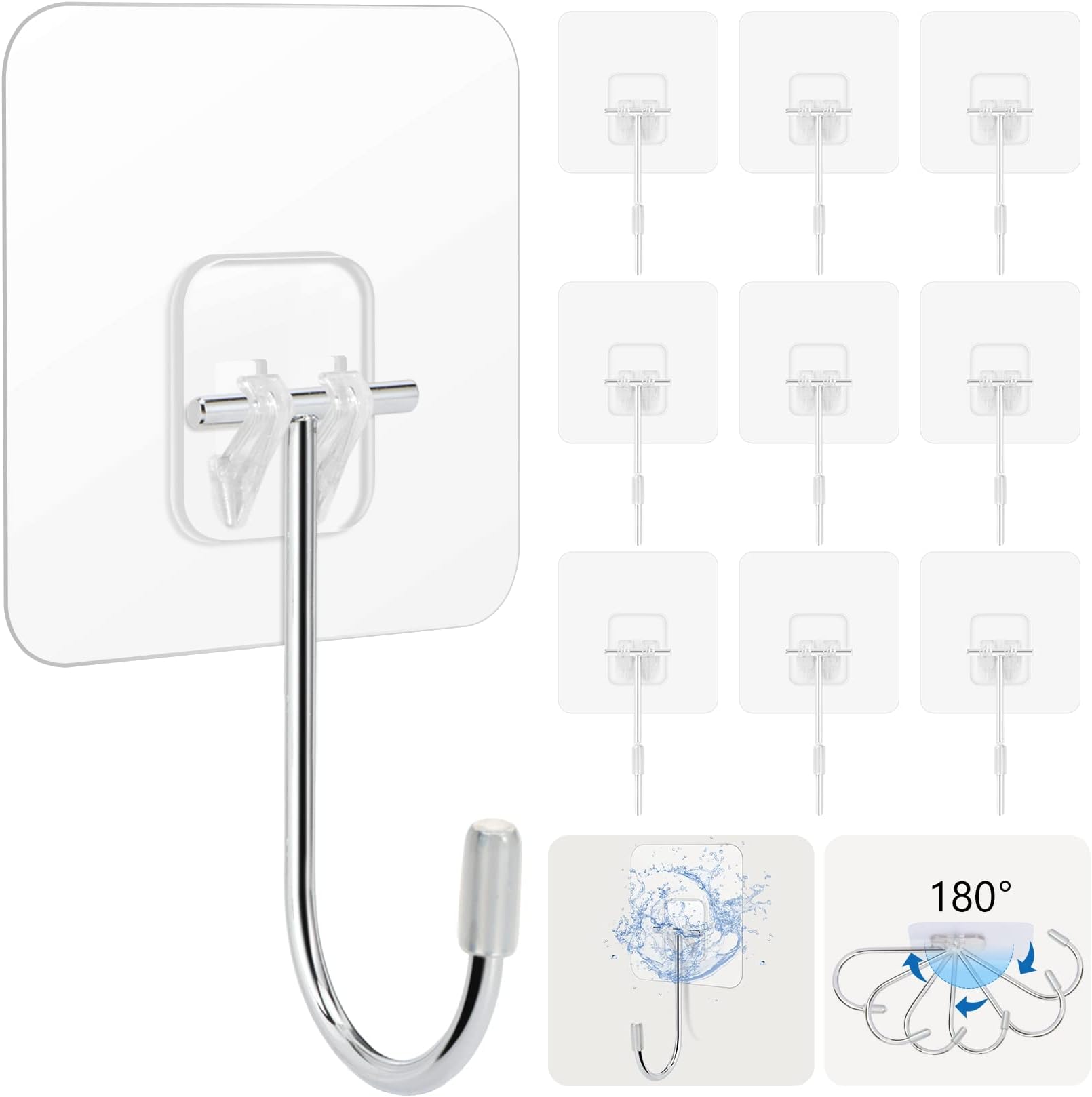 Large Adhesive Hooks 10-Pack, Hooks for Hanging Heavy Duty 22lbs(Max), Waterproof and Rustproof Wall Hooks, Stainless Steel Towel and Coats Hooks to Use Inside Kitchen, Bathroom, Home and Office