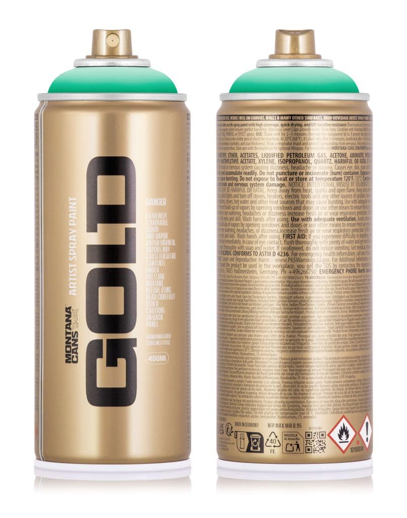 Montana GOLD PRO Sprühdosen Set 400 ml – 8 Farben Neon Grün Pink Orange Blau Rot Gelb Cyan Weiß – inkl. 3 Ersatzsprühköpfe, Schutzmaske & Nitrilhandschuh – Spray Paint für Graffiti, Street Art und DIY