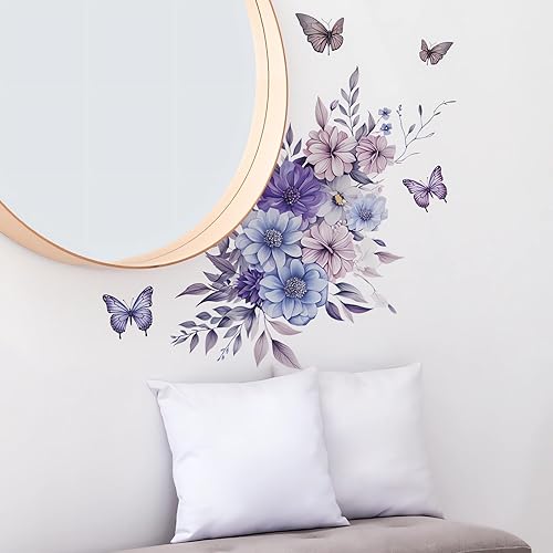 Miniatura 3 de Calcomanías de pared de flores de margaritas azules y moradas, calcomanías de pared de sacinora acuarela, crisantemo, mariposa, arte floral, vinilo