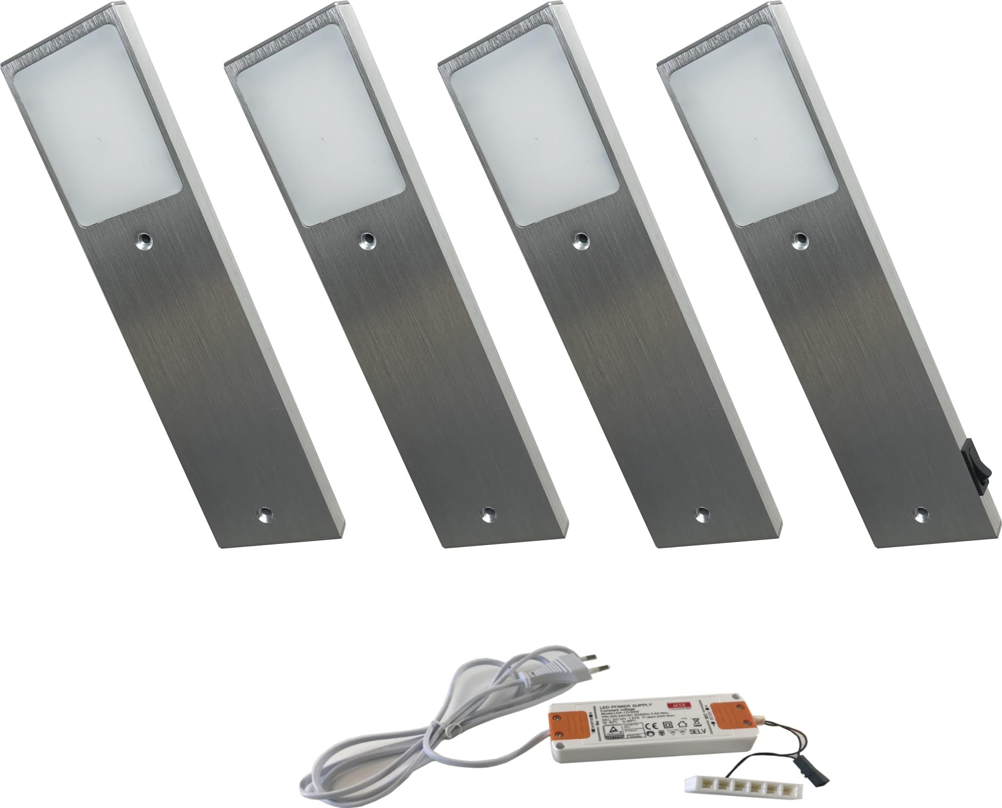 ACCE Aluminiumkörper LED Unterbauleuchte Küchen Möbel Schrank Leuchte Warmweiß oder Neutralweiß inkl Konverter ein Strahler mit Schalter (4ER, warmweiß)