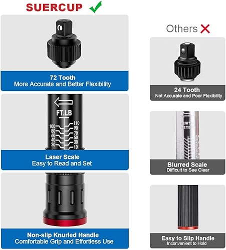 Miniatura 33 de Llave dinamométrica de clic de 3/8 pulgadas, 5-45 pies-libra/6.8-61 Nm, llave dinamométrica ajustable de doble dirección de 72 dientes