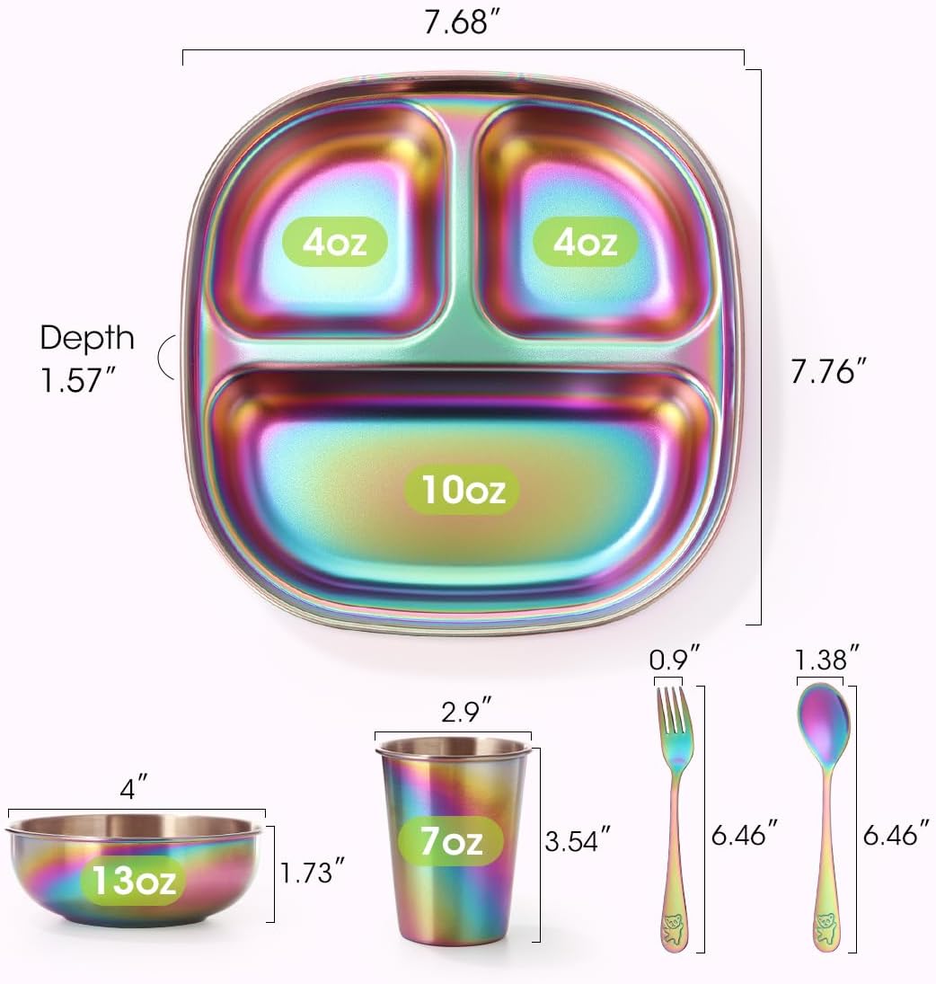 AIEVE Stainless Steel Kids Plates and Bowls, 5 Pcs Kids Dinnerware Set Includes Stainless Steel Toddler Plate with Lid, Utensils, Cup and Bowl