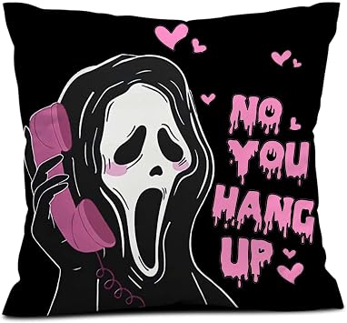 Snycler No You Hang Up Pink Ghost Scary Face Throw Pillow Cover Black Pillowcase Horror Halloween Valentine's Day Gifts Decoration for Sofa Bedroom Birthday Party Supplies 18'' x 18''