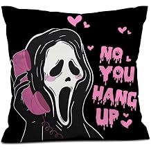 Snycler No You Hang Up Pink Ghost Scary Face Throw Pillow Cover Black Pillowcase Horror Halloween Valentine's Day Gifts Decoration for Sofa Bedroom Birthday Party Supplies 18'' x 18''