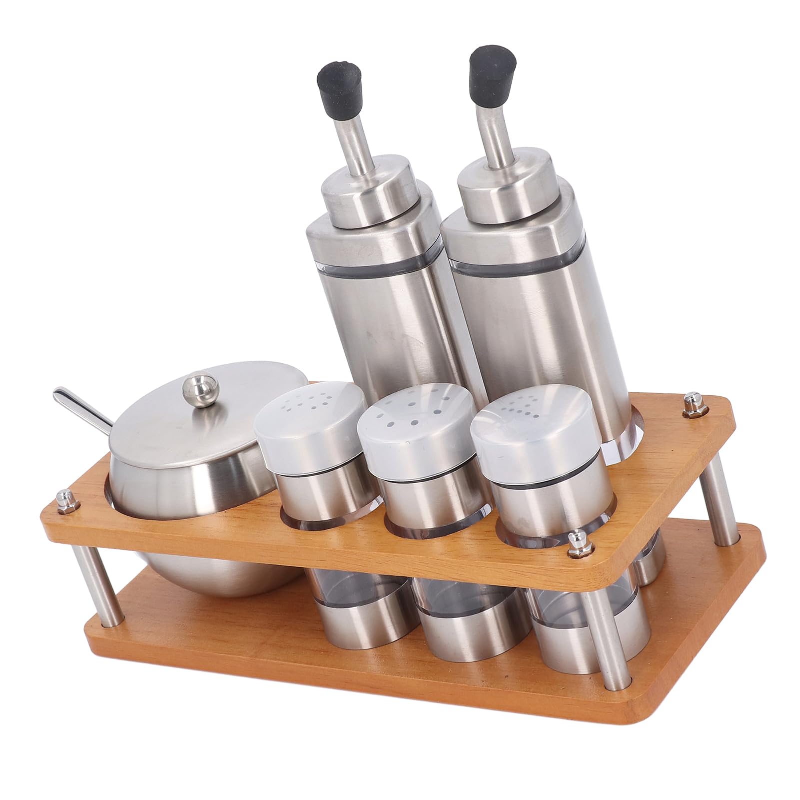 Öl- und Essigspender-Set, 304 Edelstahl und Holzsockel, 6-teiliges Küchengewürzspender-Set mit Dichtleistung und Einfacher Reinigung für Verschiedene Gewürze,