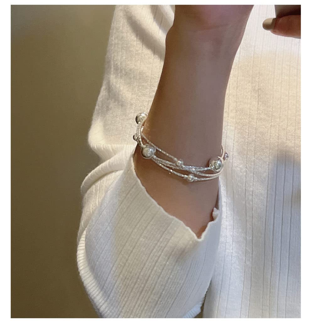 LYGXWJFC Bracciale in Argento Sterling, Bracciale in Argento Sterling S925 Multistrato Avvolgimento Tubo Piegato Perline Rotonde Bracciale in Argento Bracciale Elastico Catena in Argento Gioielli di