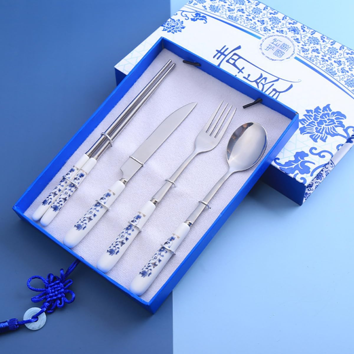 Artibetter Blue and White Porcelain Flatware Set 4pcs Tableware with Fork, Spoon, Chopsticks, Knife – Reusable Household Dinnerware for Home Dining and Kitchen Use