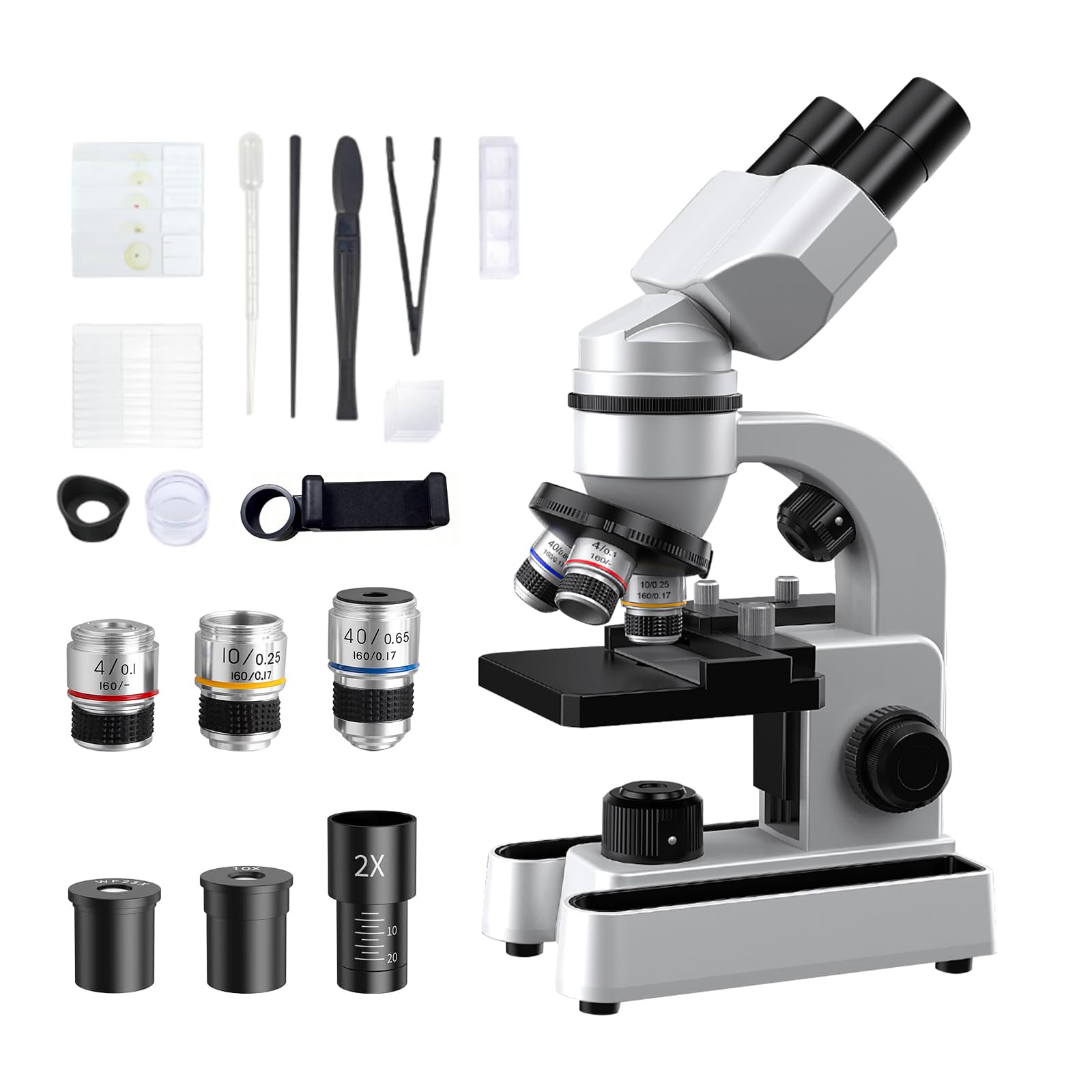 Microscopio binoculare per adulti e bambini, ingrandimento 40X-1600X con doppia illuminazione a LED, microscopio educativo biologico con kit di avviamento completo con 25+ accessori