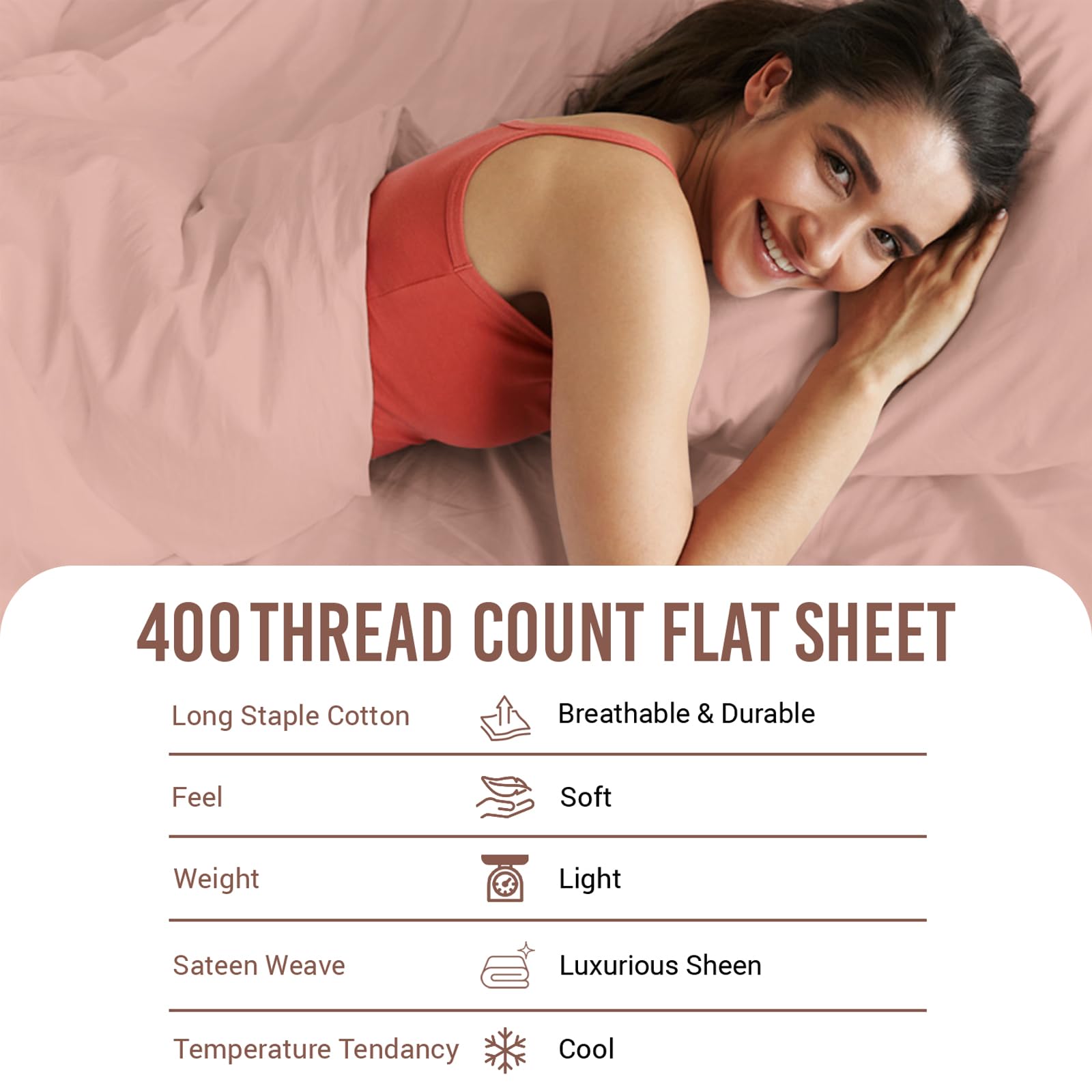 Pizuna 100% Cotton Super King Flat Sheet Misty Rose, 400 Thread Count Long Staple Cotton Flat Sheet Super King 300x280 cm - Image 4