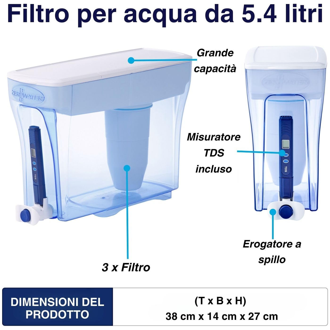 ZeroWater Kit filtro acqua 5,4 litri con 3 cartucce filtranti e dispositivo di misurazione della qualità dell'acqua, senza BPA, certificato NSF, ideale per ridurre calcare, piombo e altri metalli