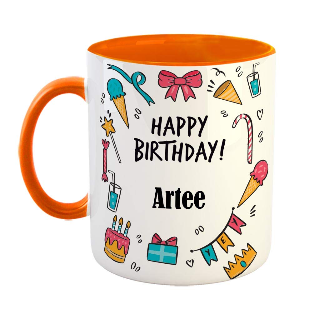 FurnishFantasy Ceramic Coffee Mug - Best Gift for Happy Birthday Mug , Color - Orange, Name - Artee