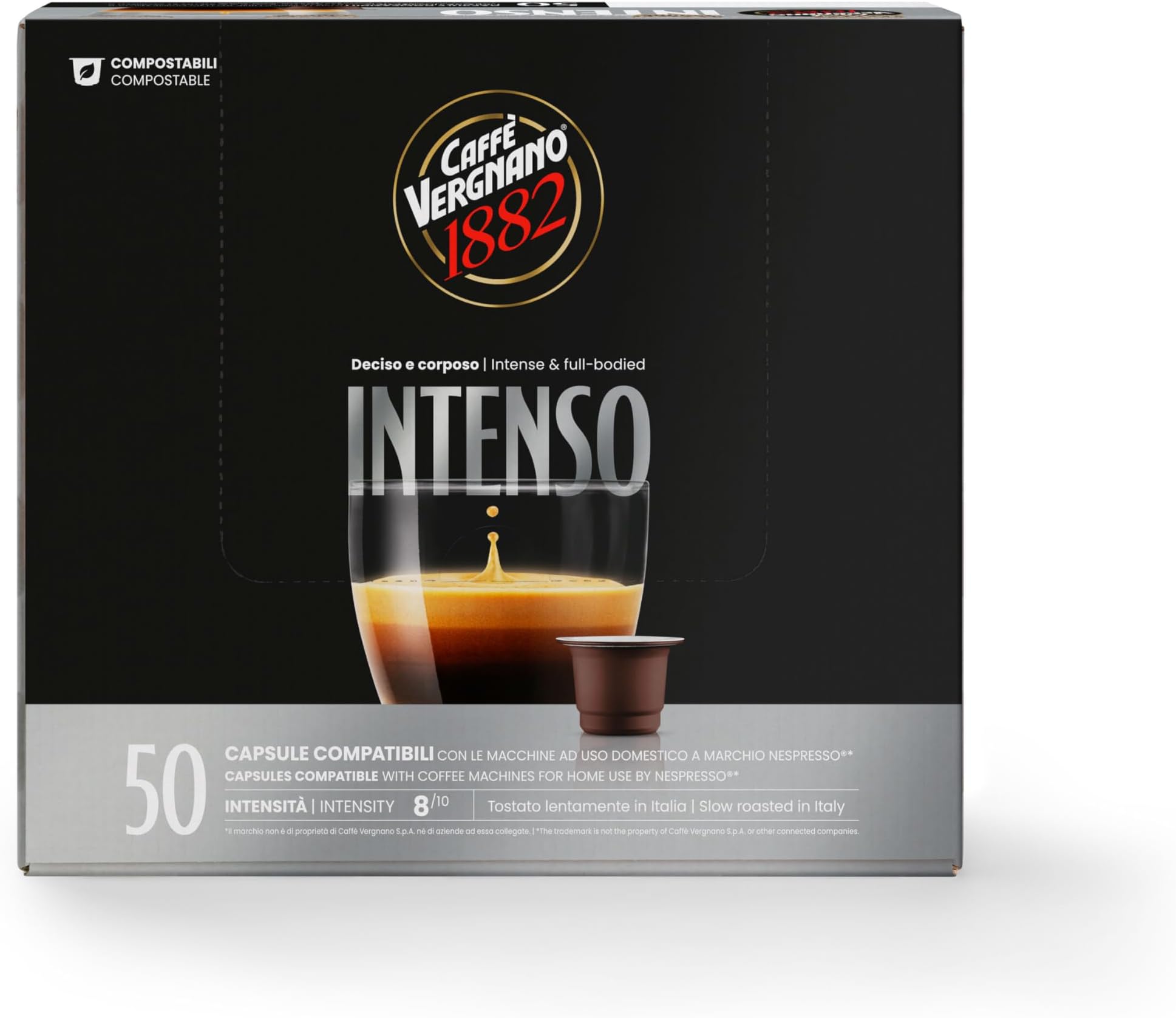 Caffè Vergnano 1882 Èspresso - Compostable Coffee Capsules, Compatible With Nespresso, Intenso - Pack Of 50 Capsules