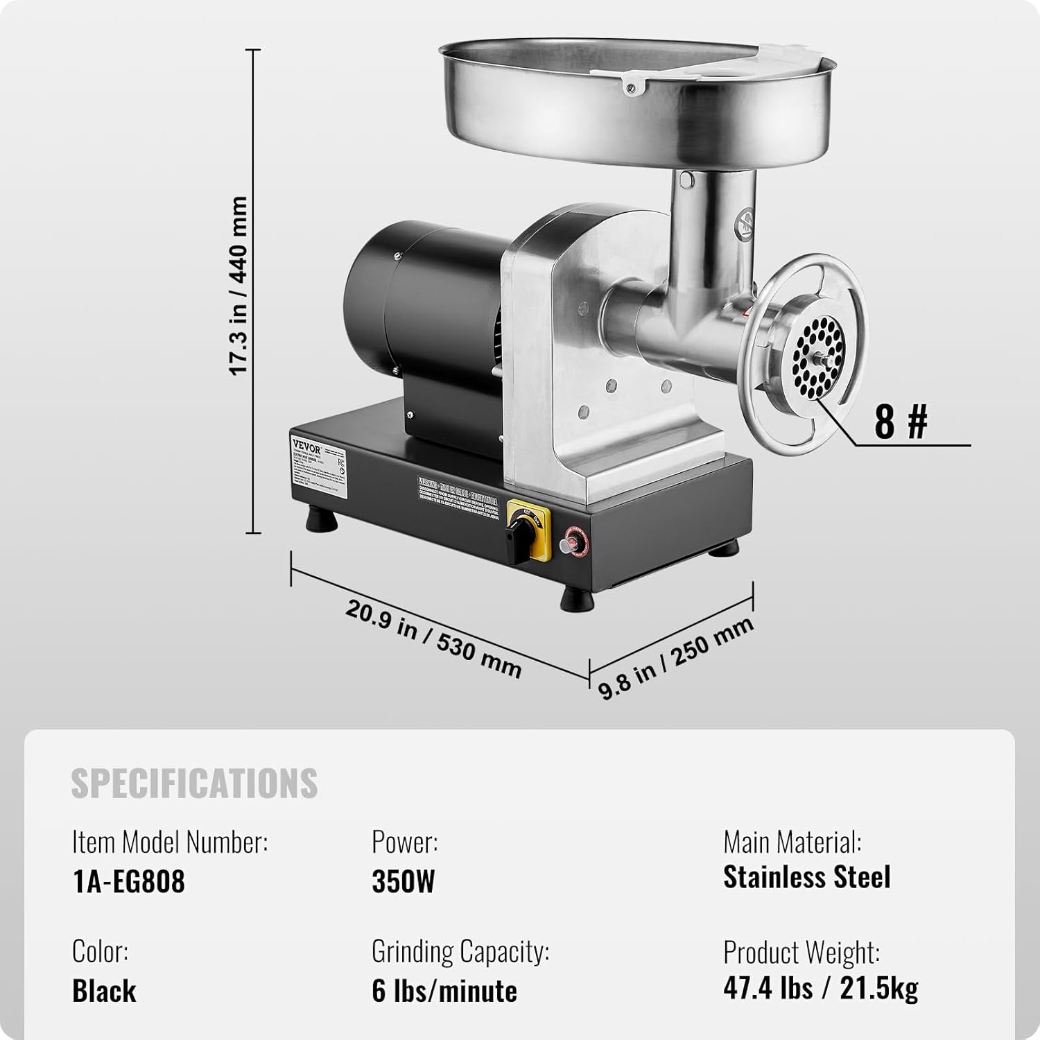 Diagram showing dimensions and key specifications of the VEVOR Electric Meat Grinder