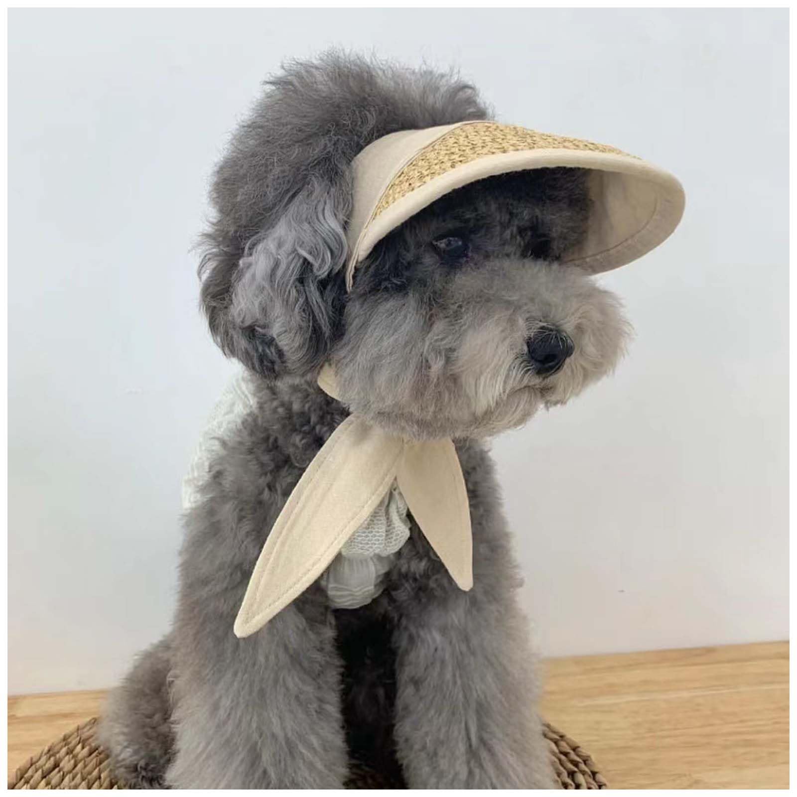 Handmade Straw Dog Hat & Visor - Adjustable for Small Dogs (Teddy, Bichon) w/Ear Holes, Chin Strap | Beach-Ready (Khaki,Large)