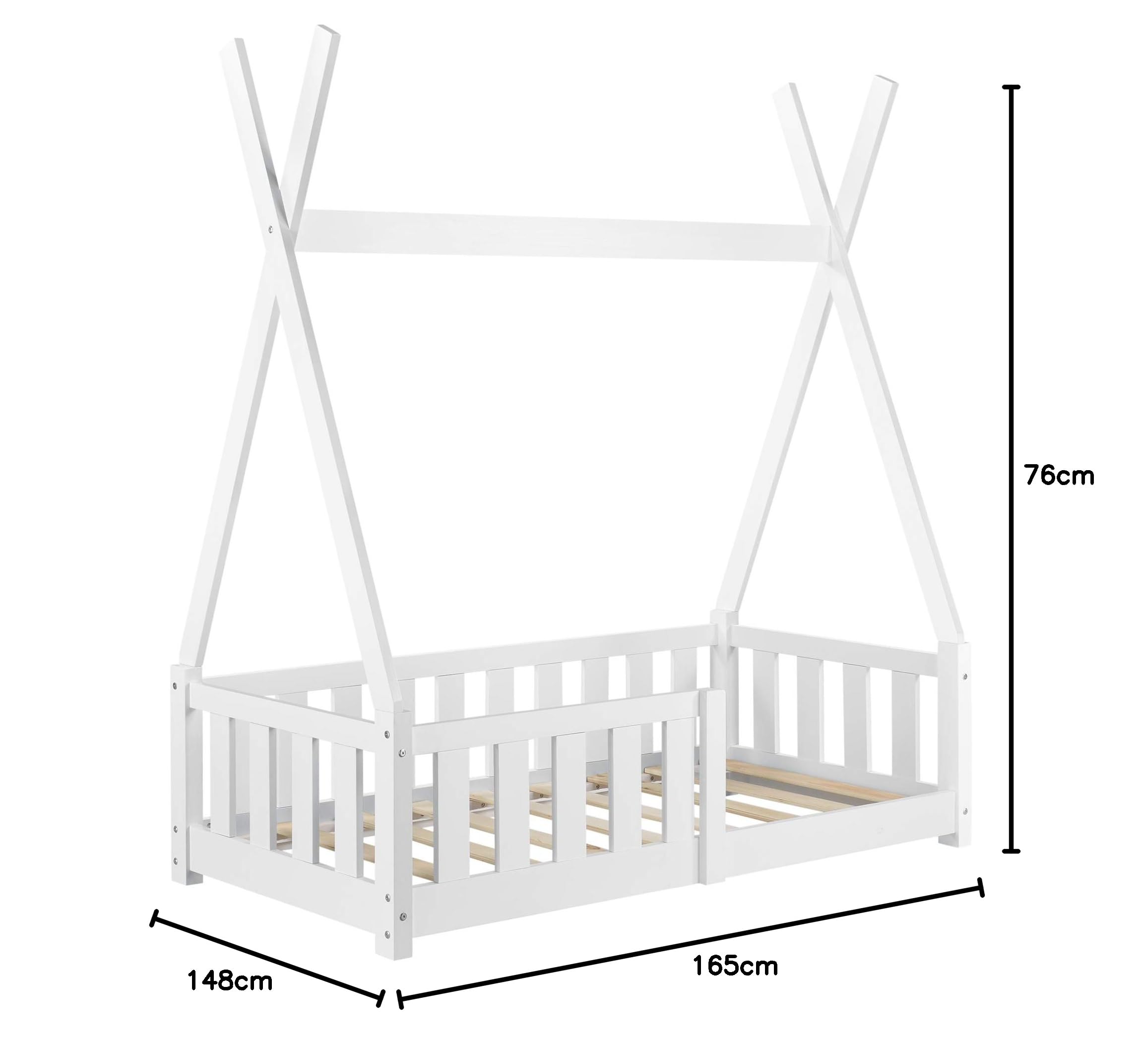 [en.casa] Letto per Cameretta a Forma di Capanna con Sponde Anticaduta Lettino Tipi per Bimbi Design Montessori Legno di Pino 70x140 cm Bianco