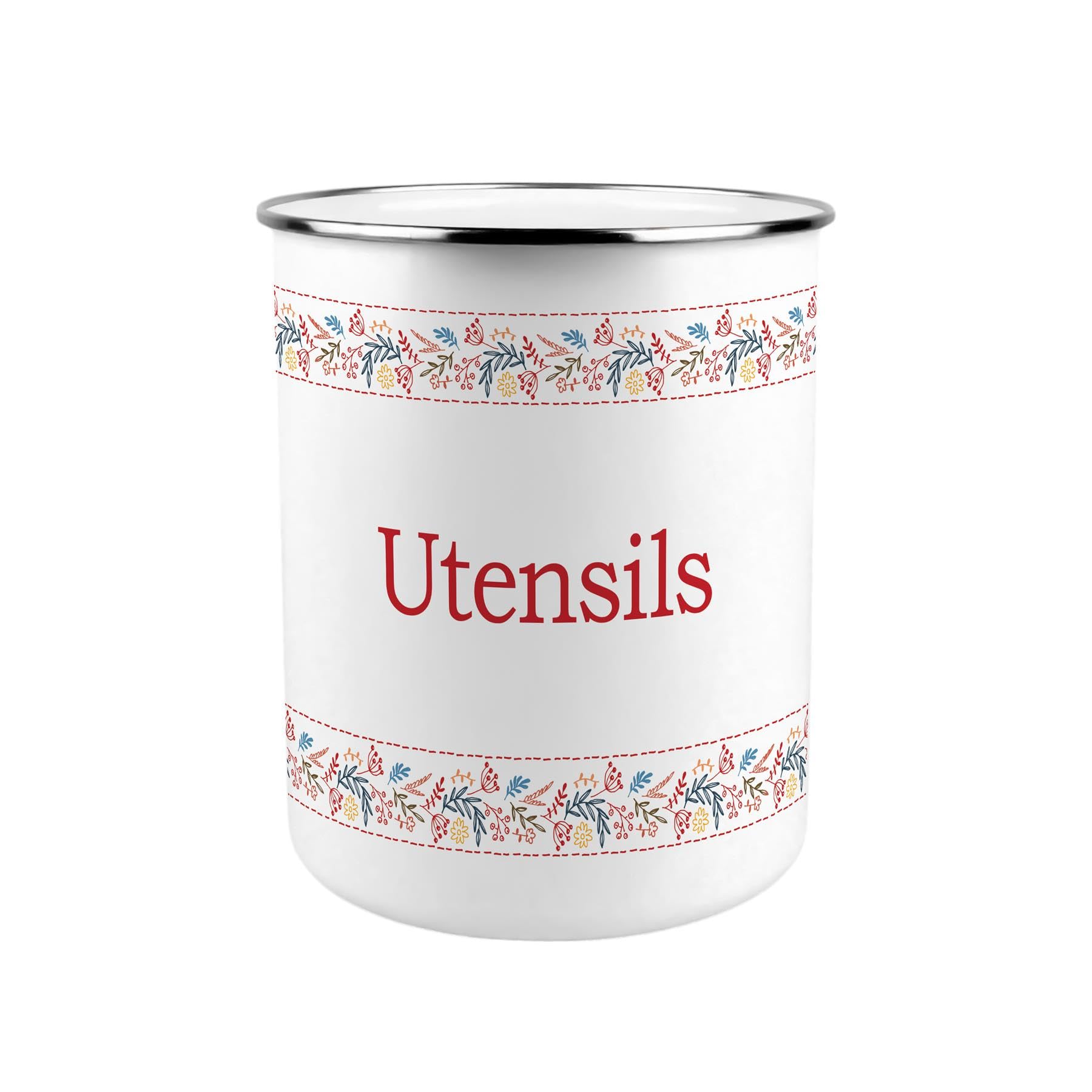 Purely Home Floral Embroidery Metal Utensil Holder - XL Kitchen Utensil Pot/Organiser for Countertop Decor Gift 18x16.5cm