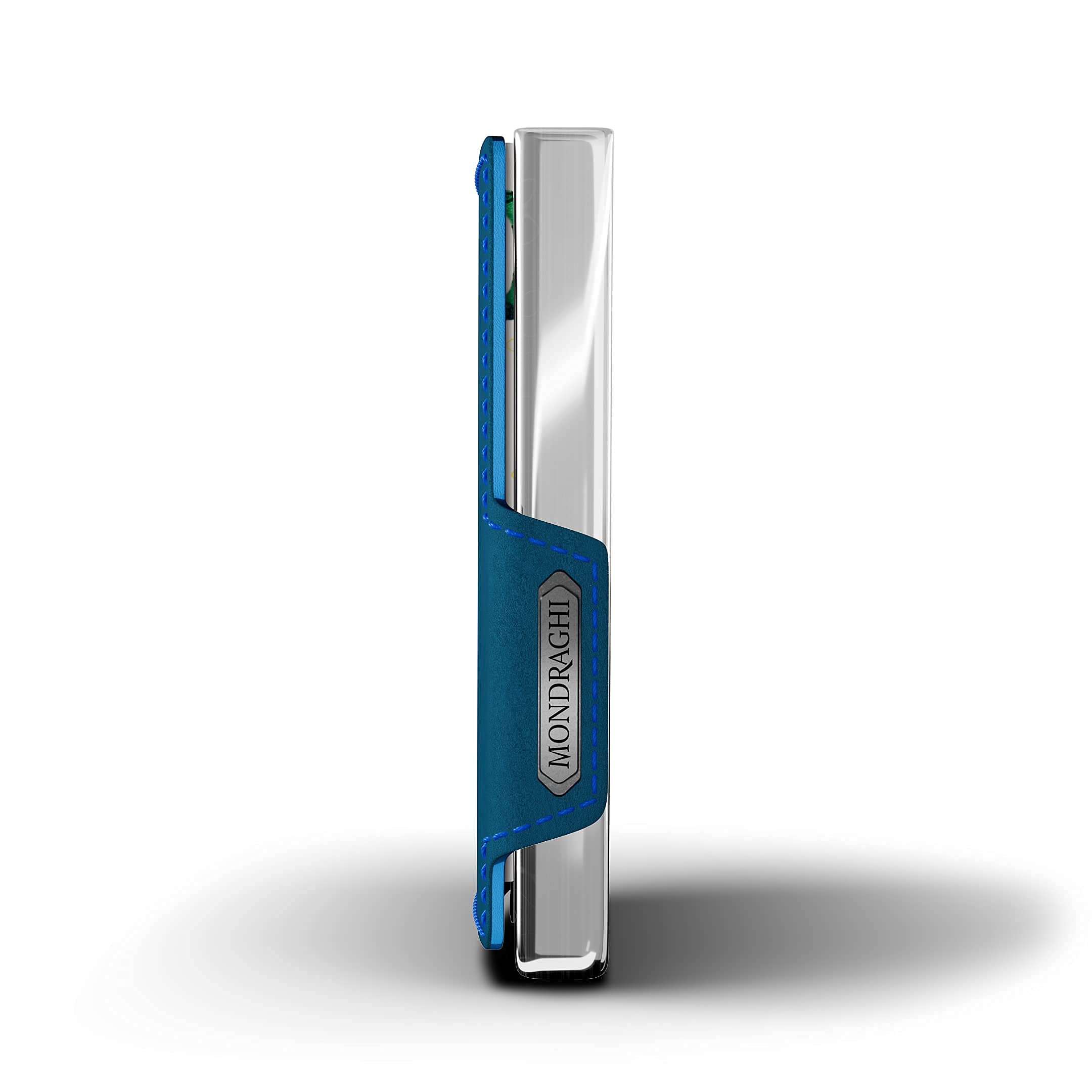 MONDRAGHI® Mini-Wallet. Ultraleichte Geldbörse mit Narbenleder. Kleiner Geldbeutel mit RFID-Schutz-Chip - Kartenetui mit Leichtmetallrahmen | Elegance Blu