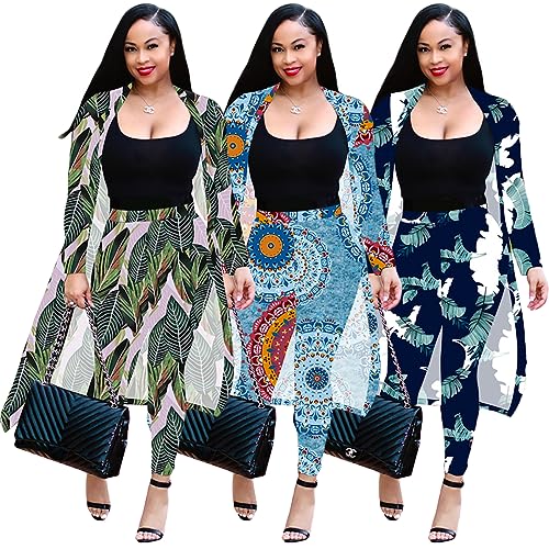 Image of Max2co Women 2 Piece Outfits Floral Long Sleeves Open Front Cardigan Cover up with Leggings High Waist Long Pants Set