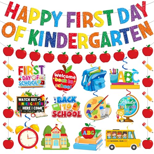 First day of Kindergarten Decorations Pre-Strung Happy First Day of Kindergarten Banner Garland Back to School Decorations Hanging Swirls for 1st Day of Kindergarten