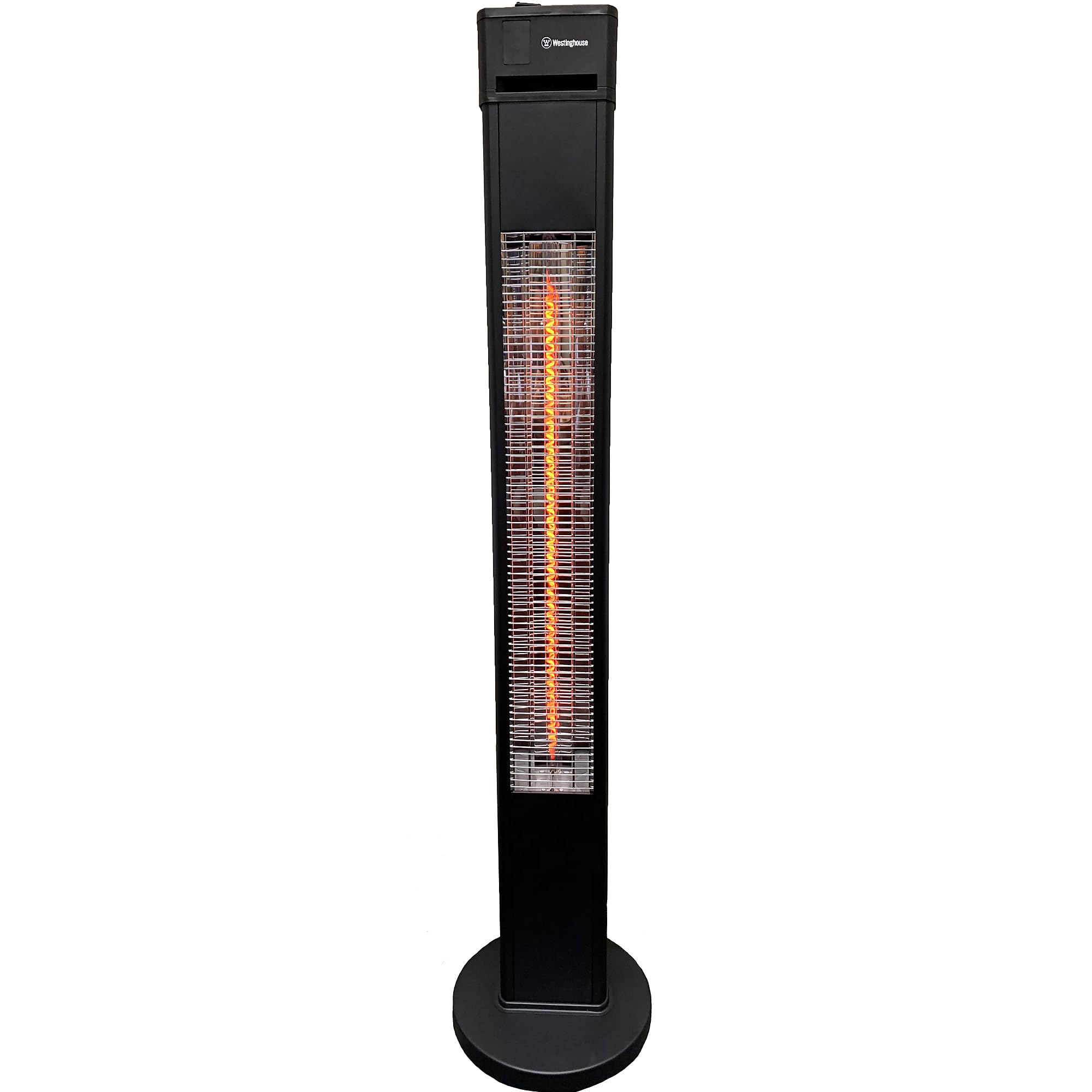 Westinghouse WES31-15110BLK Freestanding Infrared Tower Heater on a balcony overlooking a lake.